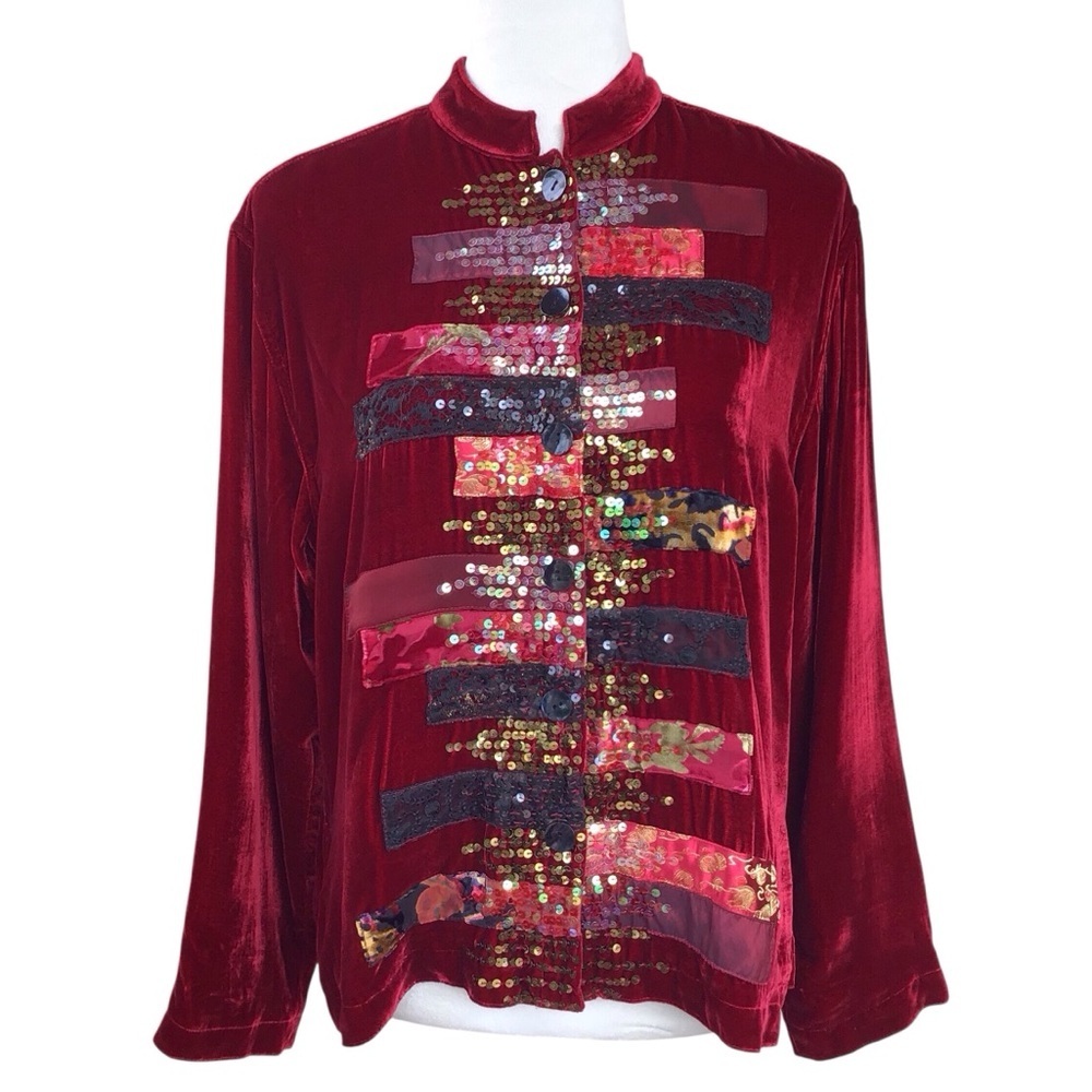 Chico’s Velvet Silk Patchwork Long Sleeve Jacket Size Chi…